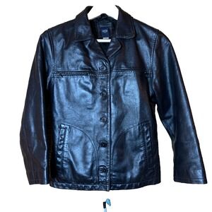 Y2K Gap Leather Jacket Junior Large Slim Button Crop Black Oiled Leather 90s‎